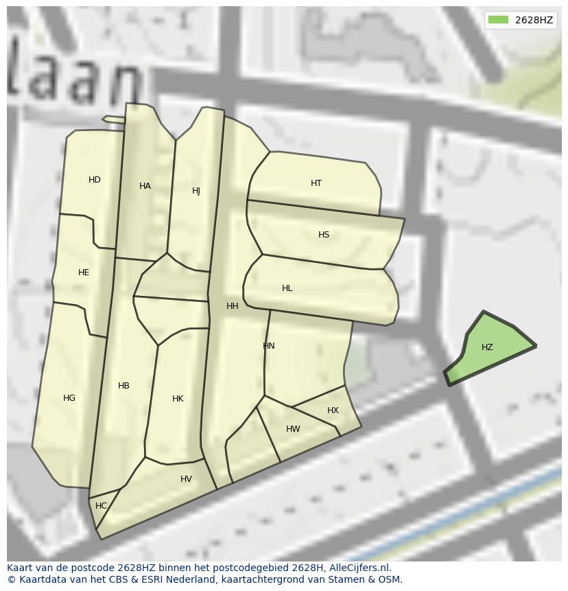 Afbeelding van het postcodegebied 2628 HZ op de kaart.