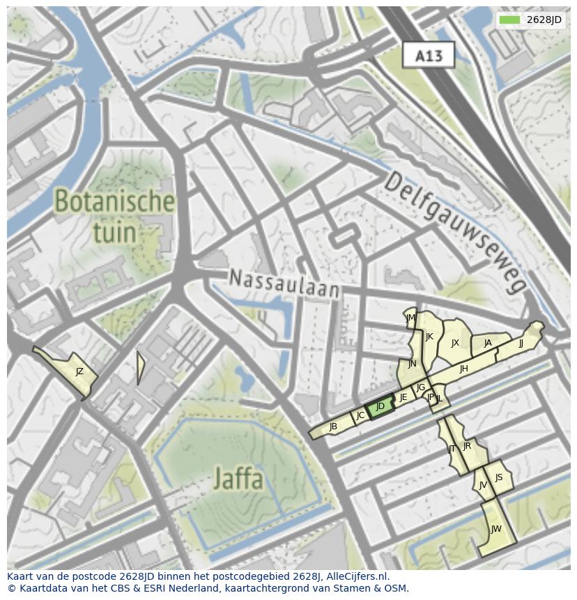 Afbeelding van het postcodegebied 2628 JD op de kaart.