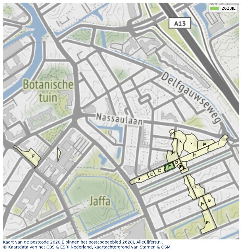 Afbeelding van het postcodegebied 2628 JE op de kaart.