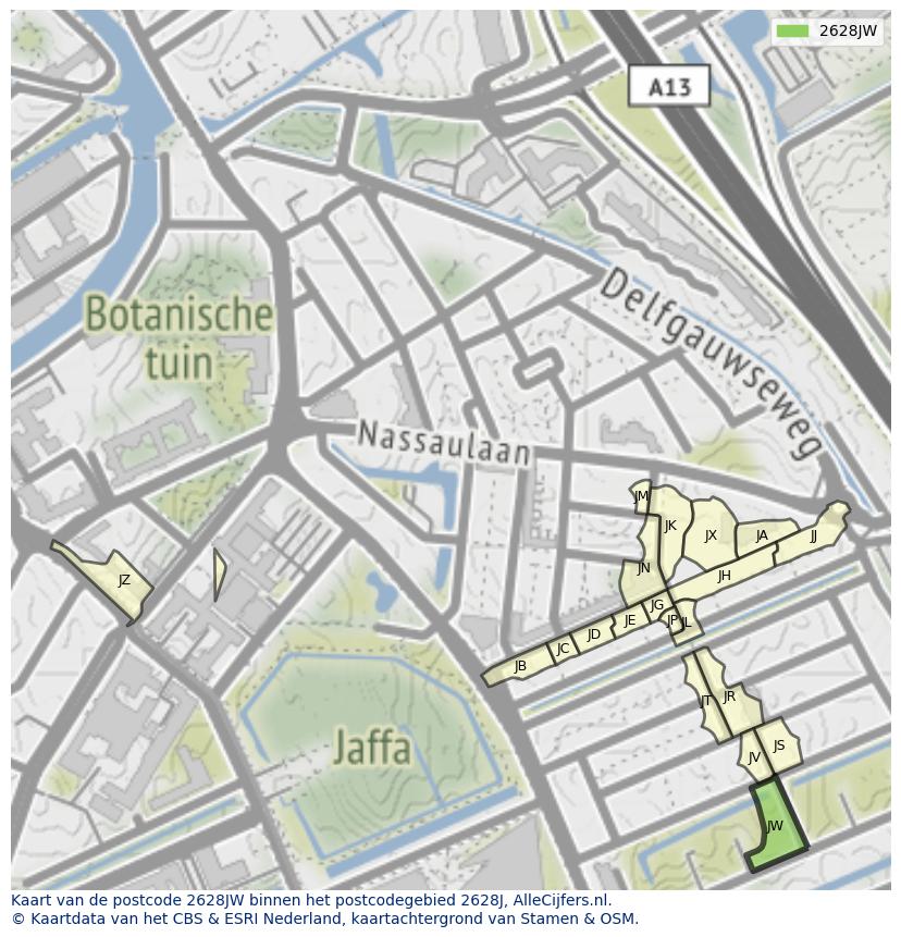 Afbeelding van het postcodegebied 2628 JW op de kaart.