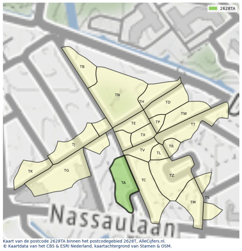 Afbeelding van het postcodegebied 2628 TA op de kaart.
