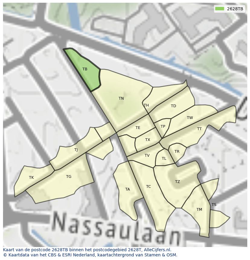 Afbeelding van het postcodegebied 2628 TB op de kaart.
