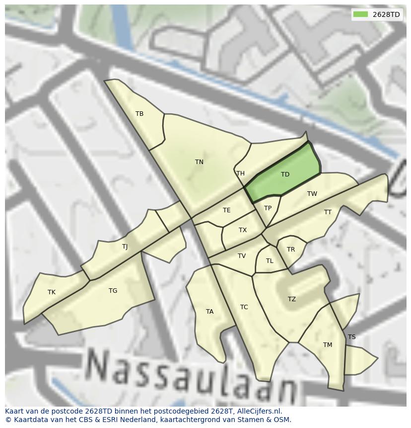 Afbeelding van het postcodegebied 2628 TD op de kaart.