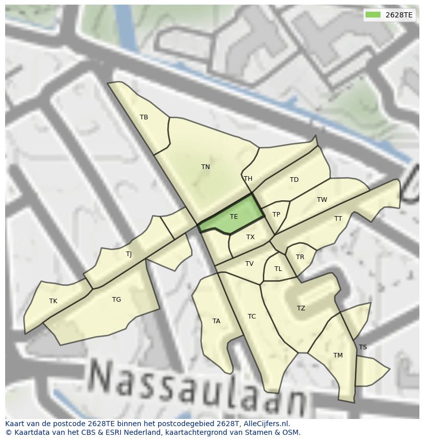 Afbeelding van het postcodegebied 2628 TE op de kaart.
