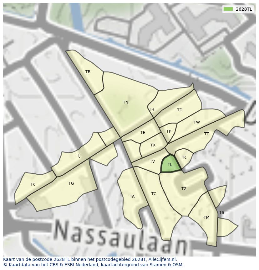 Afbeelding van het postcodegebied 2628 TL op de kaart.