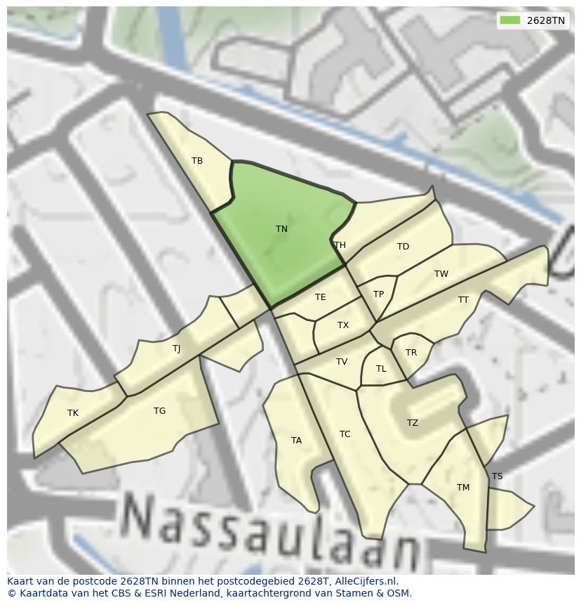Afbeelding van het postcodegebied 2628 TN op de kaart.
