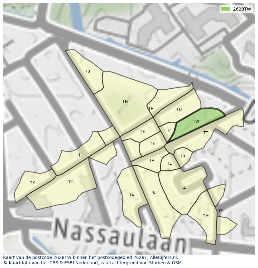 Afbeelding van het postcodegebied 2628 TW op de kaart.