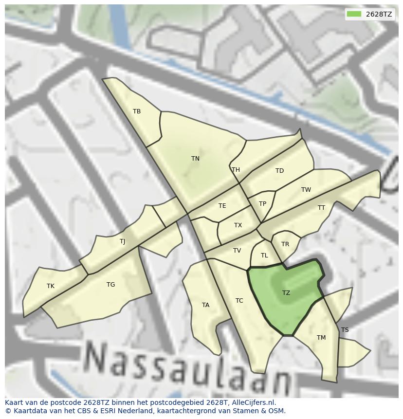 Afbeelding van het postcodegebied 2628 TZ op de kaart.