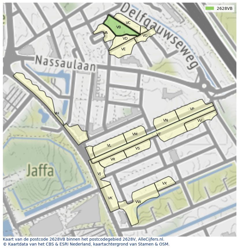 Afbeelding van het postcodegebied 2628 VB op de kaart.