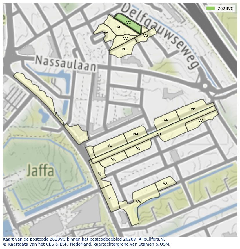 Afbeelding van het postcodegebied 2628 VC op de kaart.