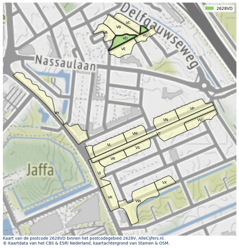 Afbeelding van het postcodegebied 2628 VD op de kaart.