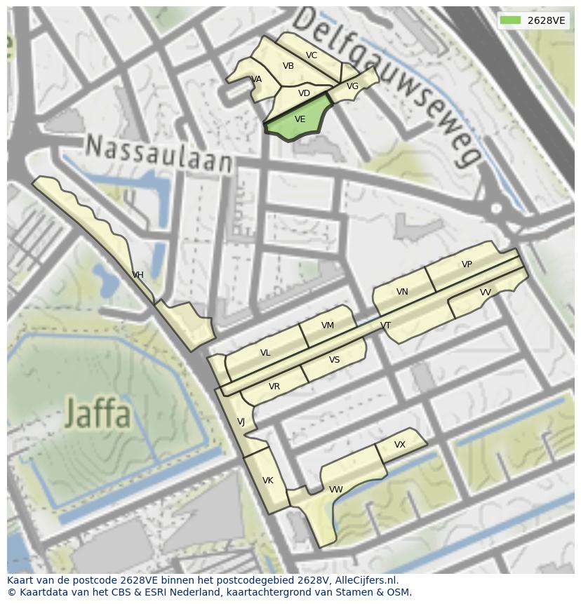 Afbeelding van het postcodegebied 2628 VE op de kaart.