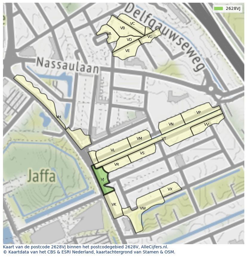 Afbeelding van het postcodegebied 2628 VJ op de kaart.