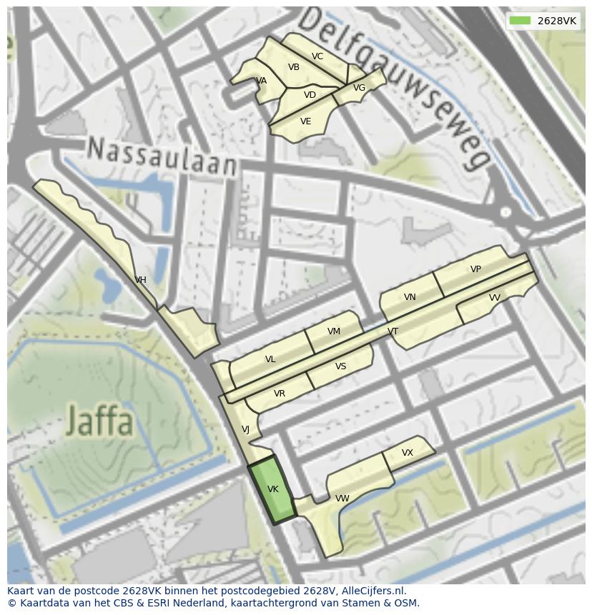 Afbeelding van het postcodegebied 2628 VK op de kaart.