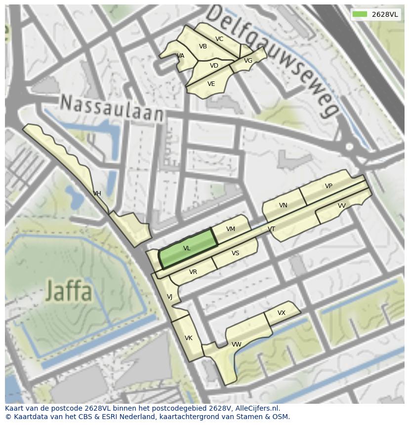 Afbeelding van het postcodegebied 2628 VL op de kaart.