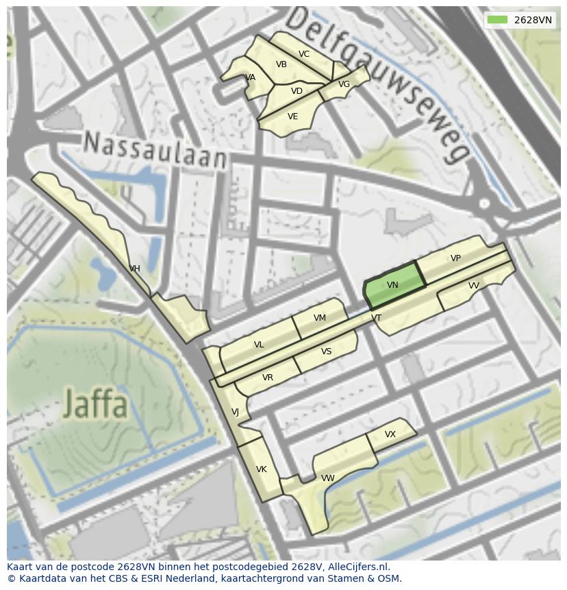 Afbeelding van het postcodegebied 2628 VN op de kaart.