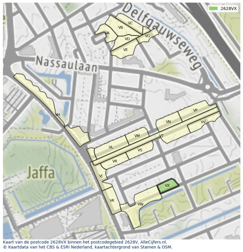 Afbeelding van het postcodegebied 2628 VX op de kaart.