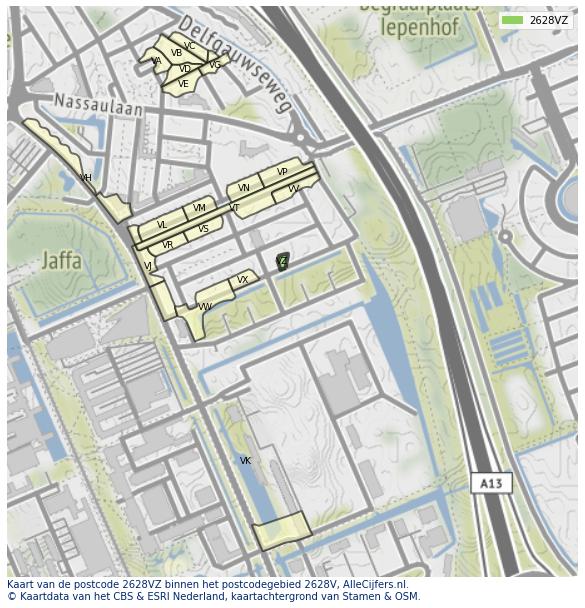 Afbeelding van het postcodegebied 2628 VZ op de kaart.