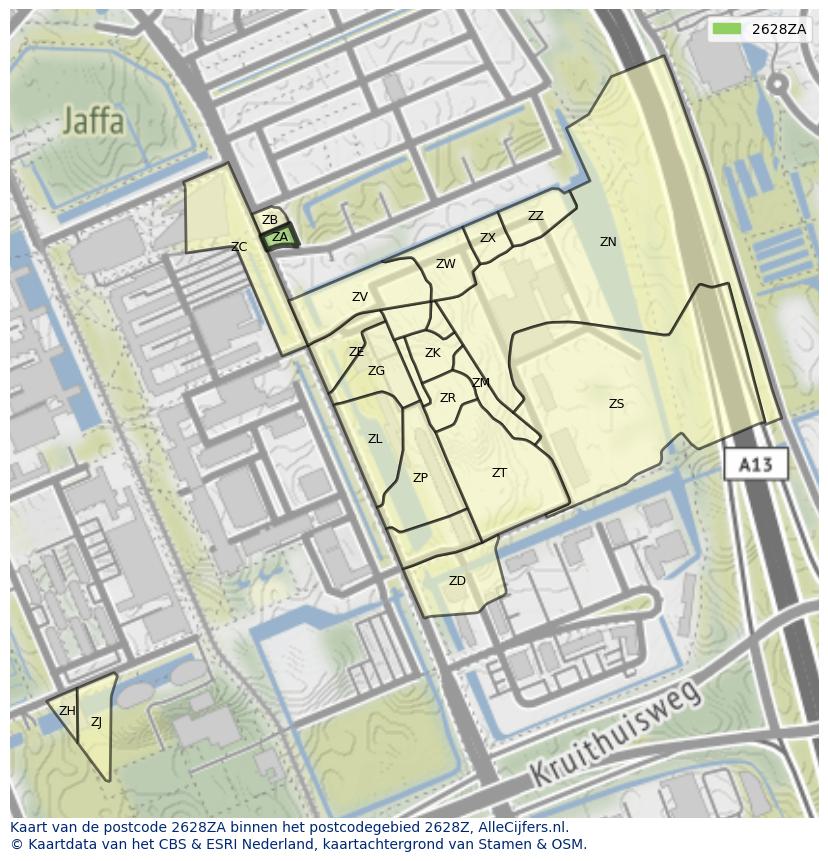 Afbeelding van het postcodegebied 2628 ZA op de kaart.