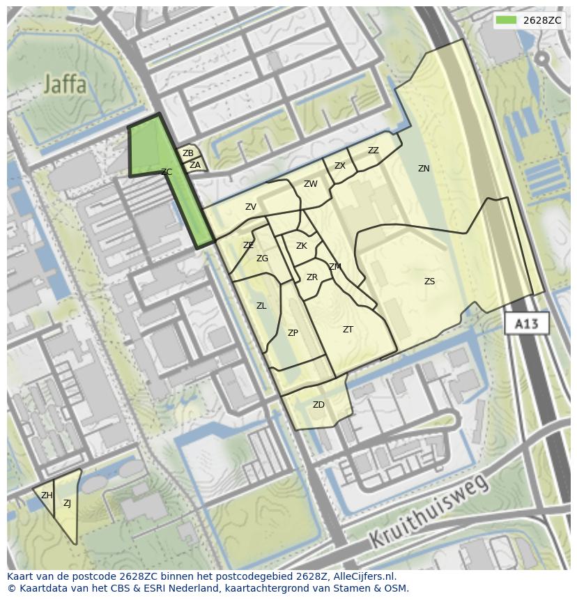 Afbeelding van het postcodegebied 2628 ZC op de kaart.