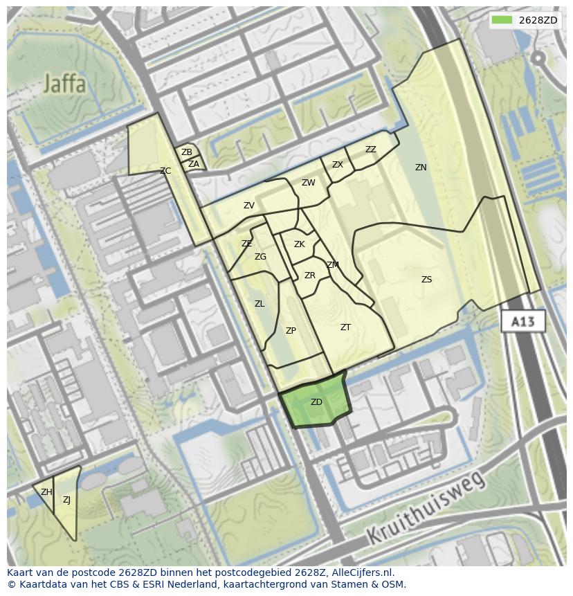 Afbeelding van het postcodegebied 2628 ZD op de kaart.