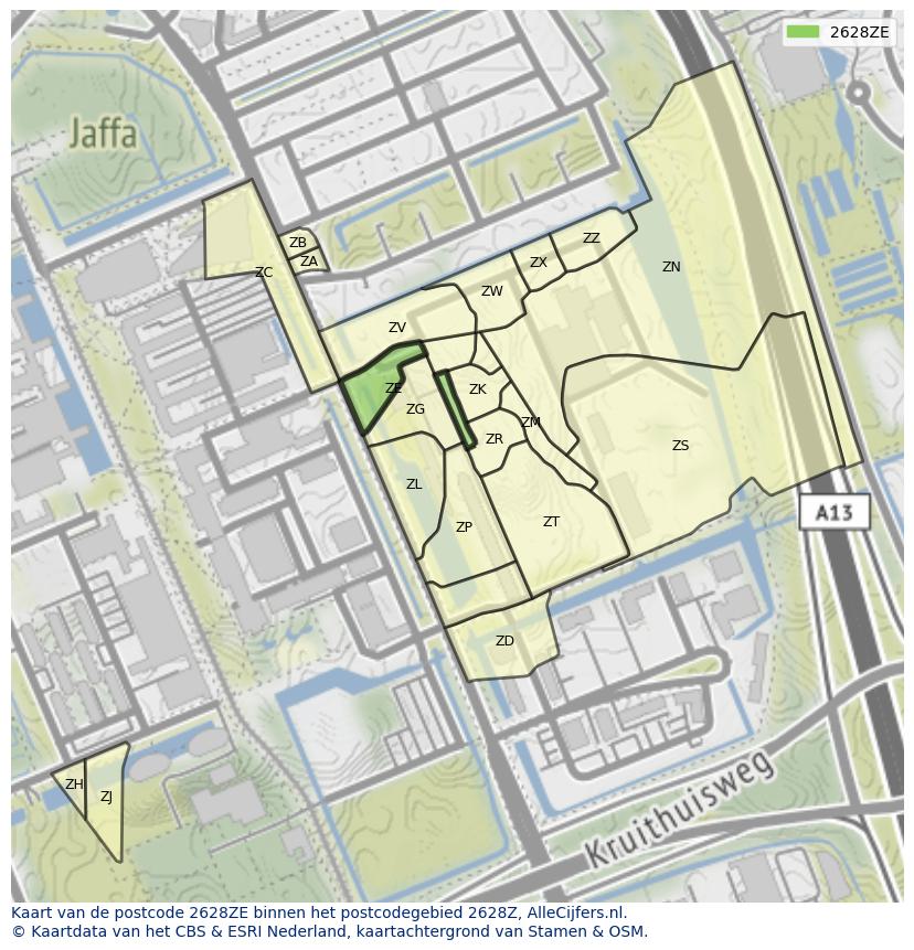Afbeelding van het postcodegebied 2628 ZE op de kaart.