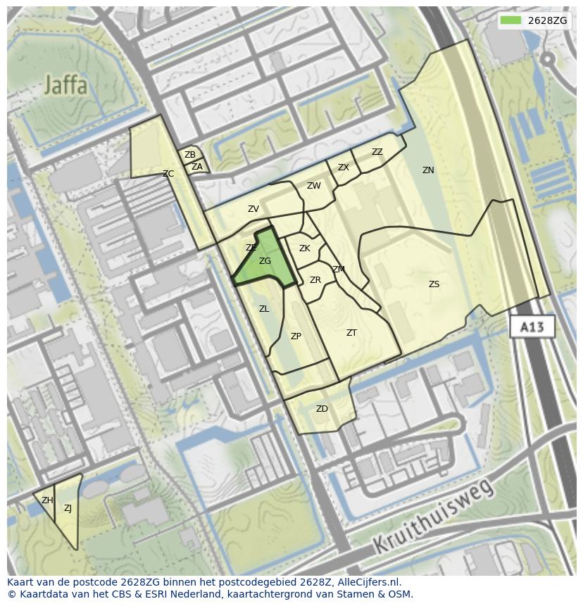 Afbeelding van het postcodegebied 2628 ZG op de kaart.