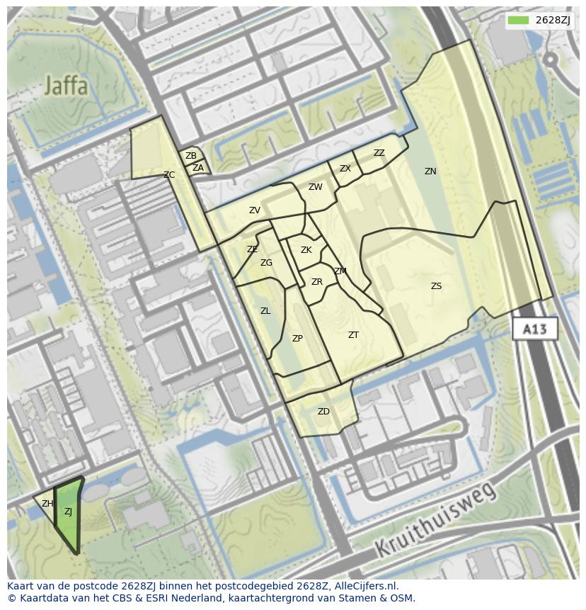 Afbeelding van het postcodegebied 2628 ZJ op de kaart.