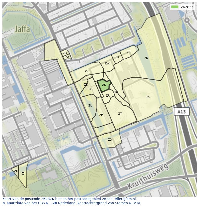 Afbeelding van het postcodegebied 2628 ZK op de kaart.
