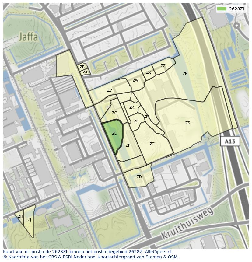Afbeelding van het postcodegebied 2628 ZL op de kaart.