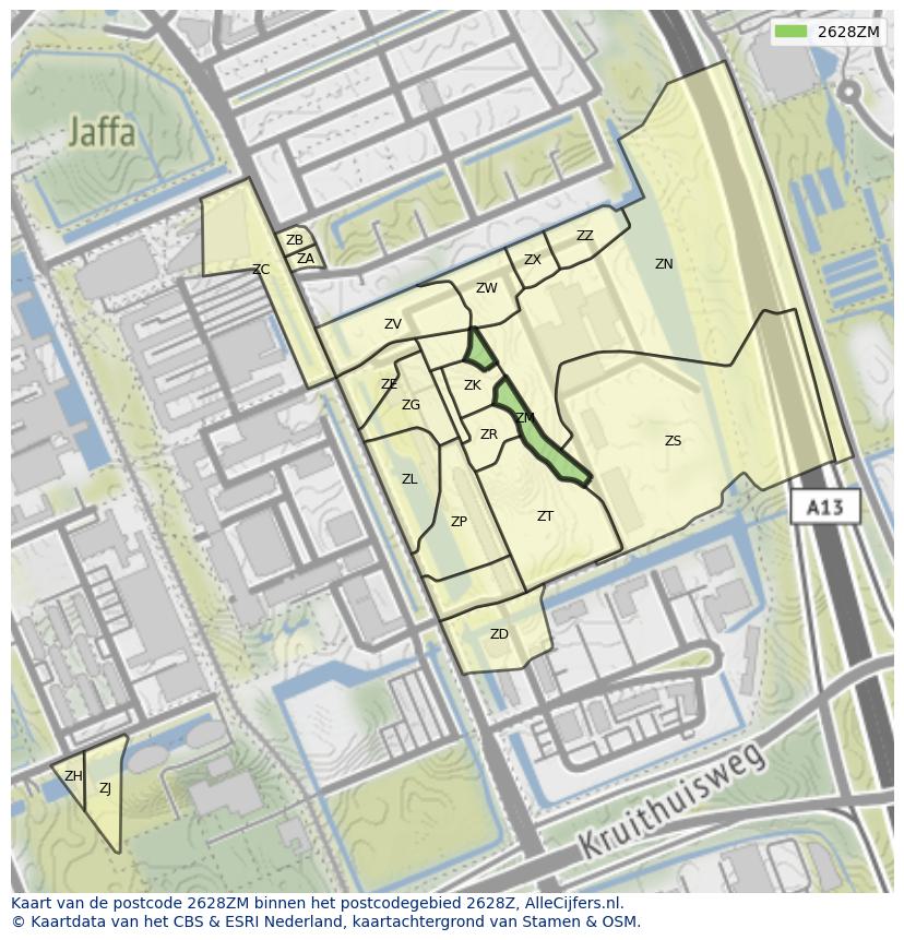 Afbeelding van het postcodegebied 2628 ZM op de kaart.