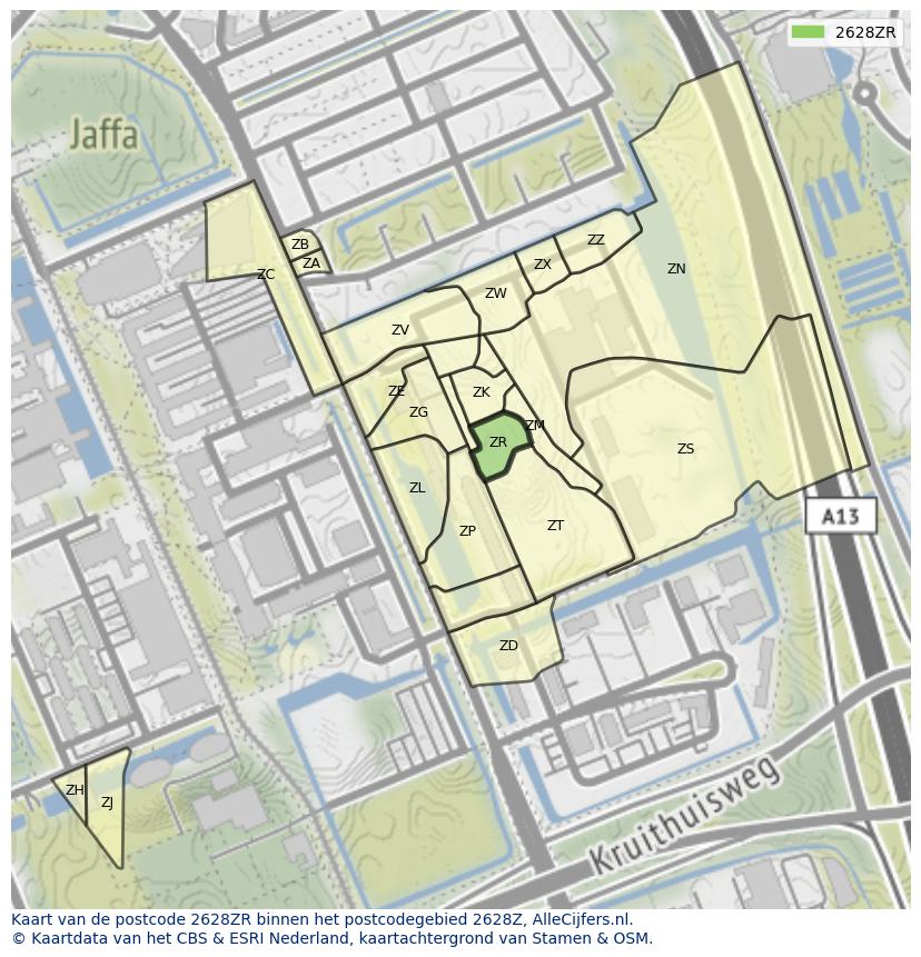 Afbeelding van het postcodegebied 2628 ZR op de kaart.