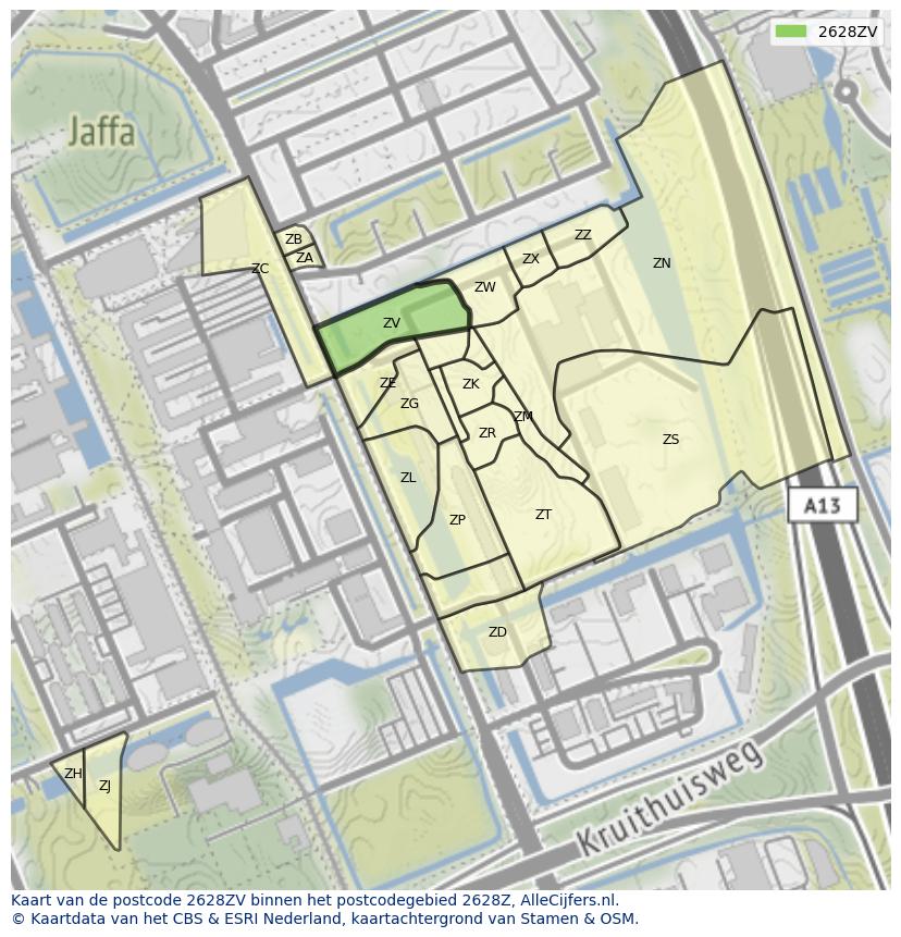 Afbeelding van het postcodegebied 2628 ZV op de kaart.