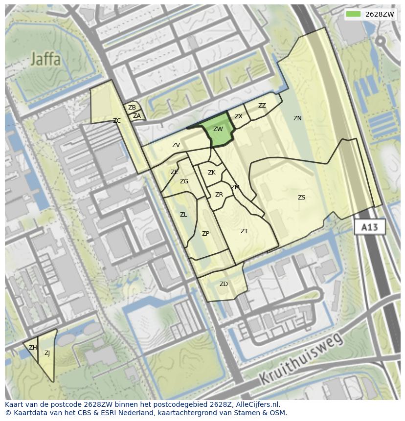 Afbeelding van het postcodegebied 2628 ZW op de kaart.