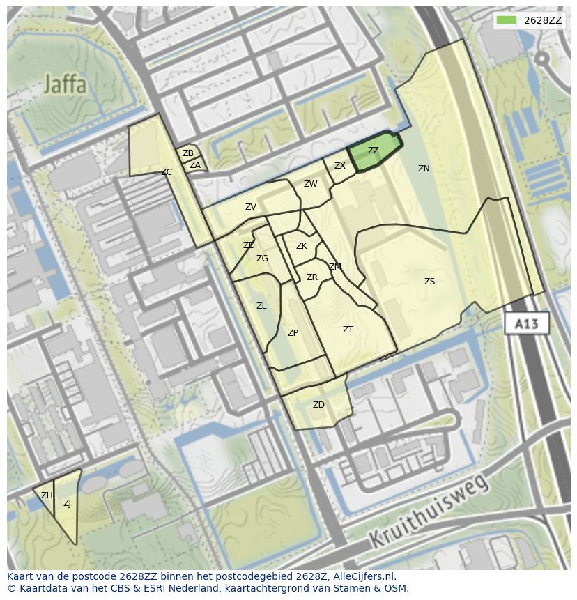 Afbeelding van het postcodegebied 2628 ZZ op de kaart.