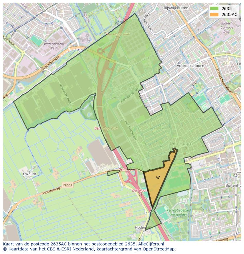 Afbeelding van het postcodegebied 2635 AC op de kaart.