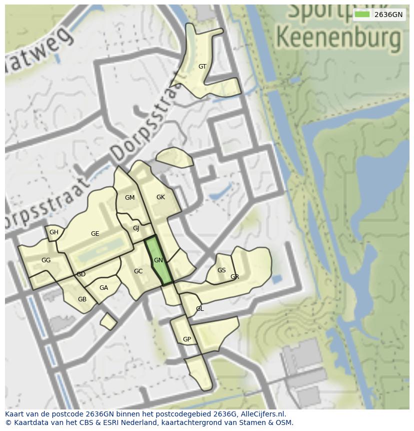 Afbeelding van het postcodegebied 2636 GN op de kaart.