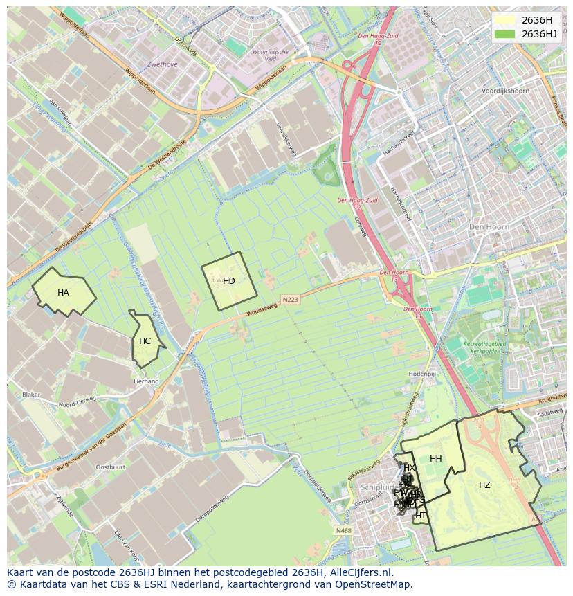 Afbeelding van het postcodegebied 2636 HJ op de kaart.