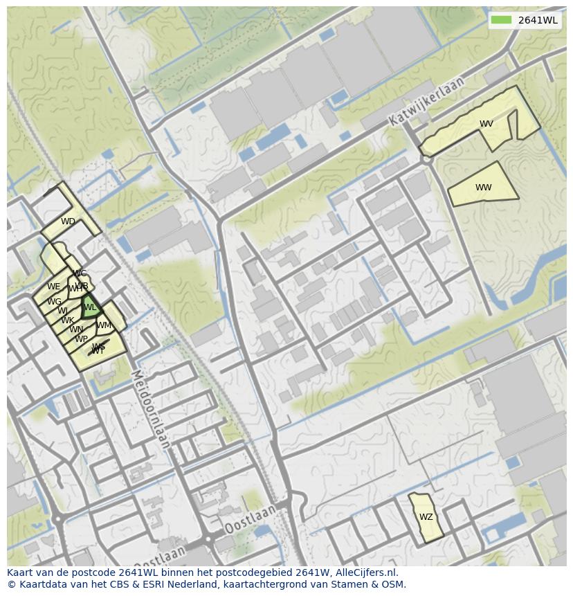 Afbeelding van het postcodegebied 2641 WL op de kaart.