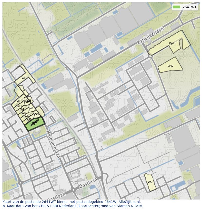 Afbeelding van het postcodegebied 2641 WT op de kaart.