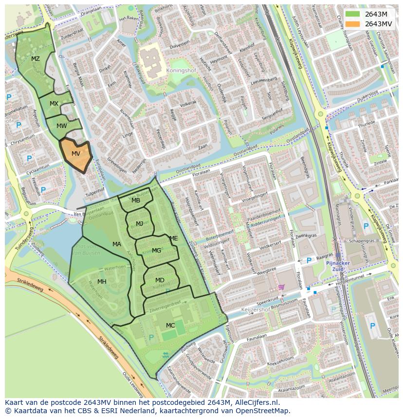 Afbeelding van het postcodegebied 2643 MV op de kaart.
