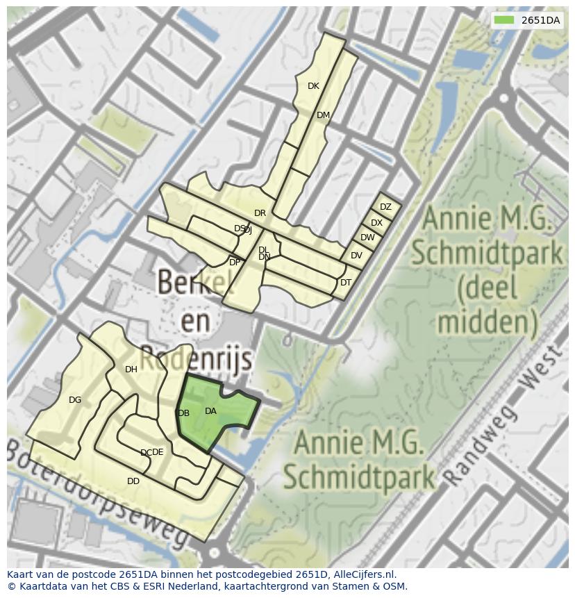 Afbeelding van het postcodegebied 2651 DA op de kaart.