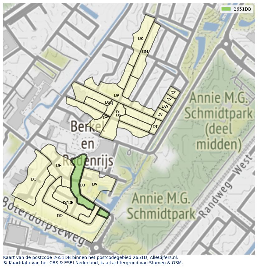 Afbeelding van het postcodegebied 2651 DB op de kaart.