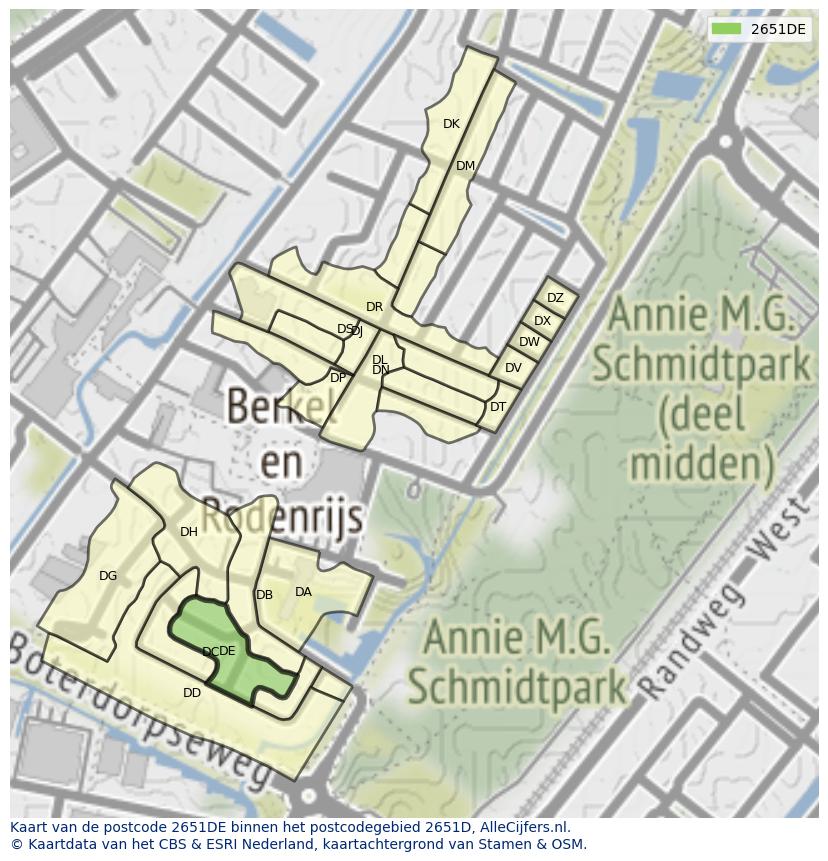 Afbeelding van het postcodegebied 2651 DE op de kaart.
