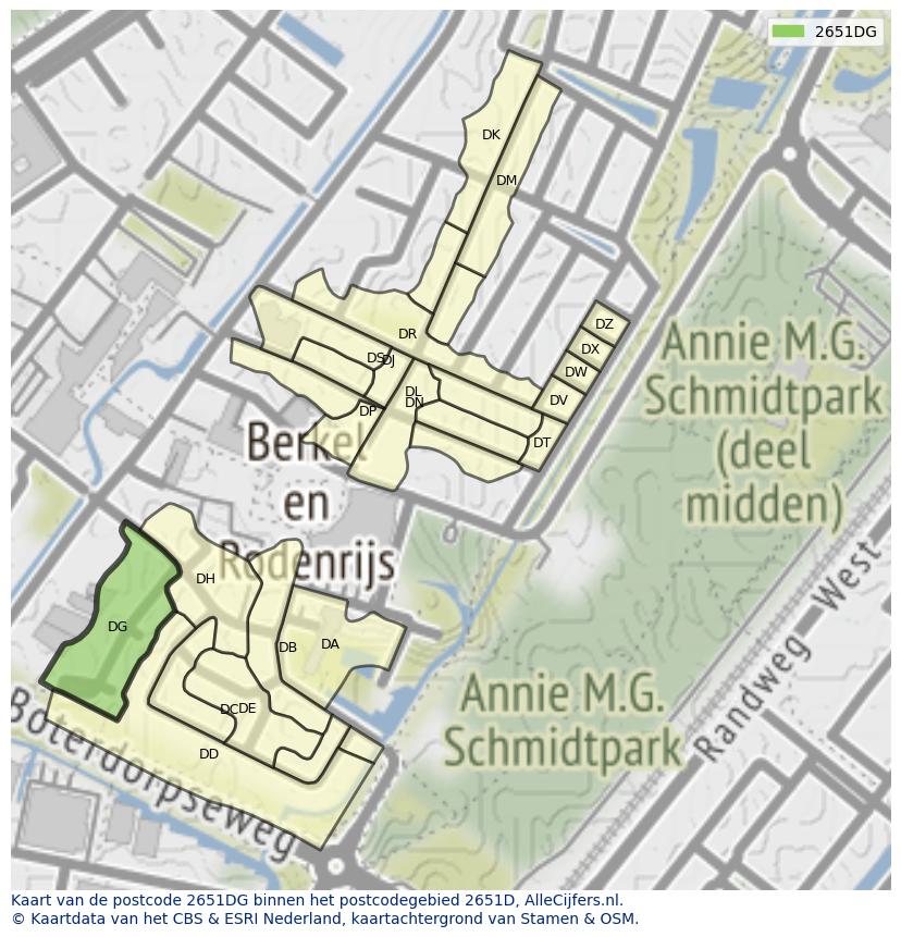 Afbeelding van het postcodegebied 2651 DG op de kaart.