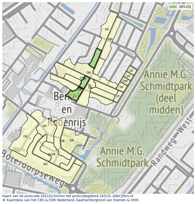 Afbeelding van het postcodegebied 2651 DJ op de kaart.