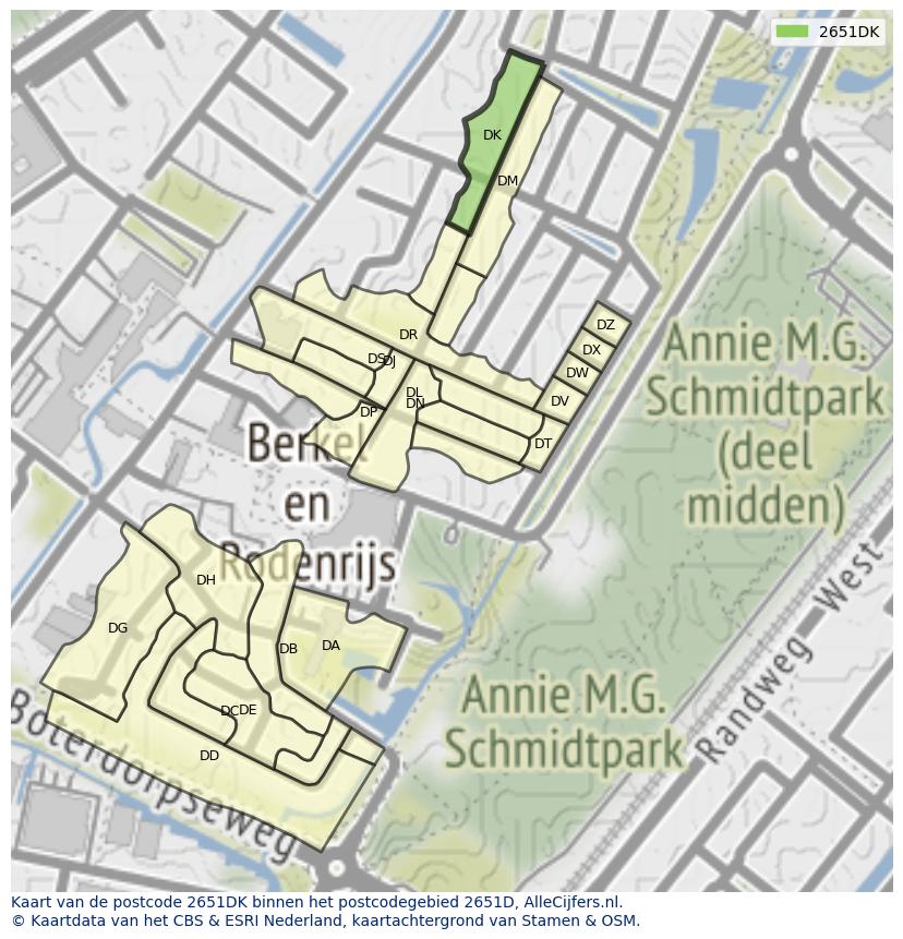 Afbeelding van het postcodegebied 2651 DK op de kaart.