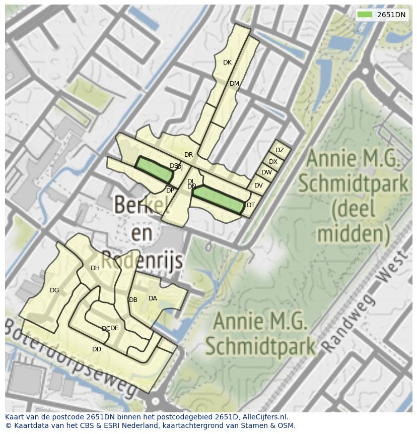 Afbeelding van het postcodegebied 2651 DN op de kaart.
