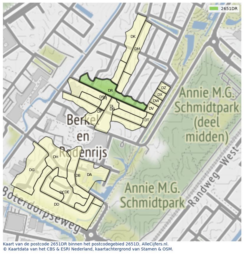 Afbeelding van het postcodegebied 2651 DR op de kaart.