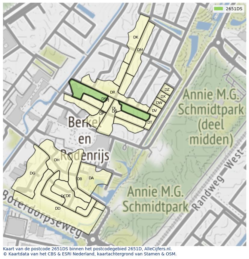 Afbeelding van het postcodegebied 2651 DS op de kaart.
